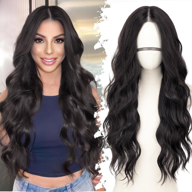 Eawwii Natural Black Long Wavy Wig for Women PreCut HD Lace Natural Hairline Glueless Middle Part Synthetic Fiber for Daily and Party Use 26Inch